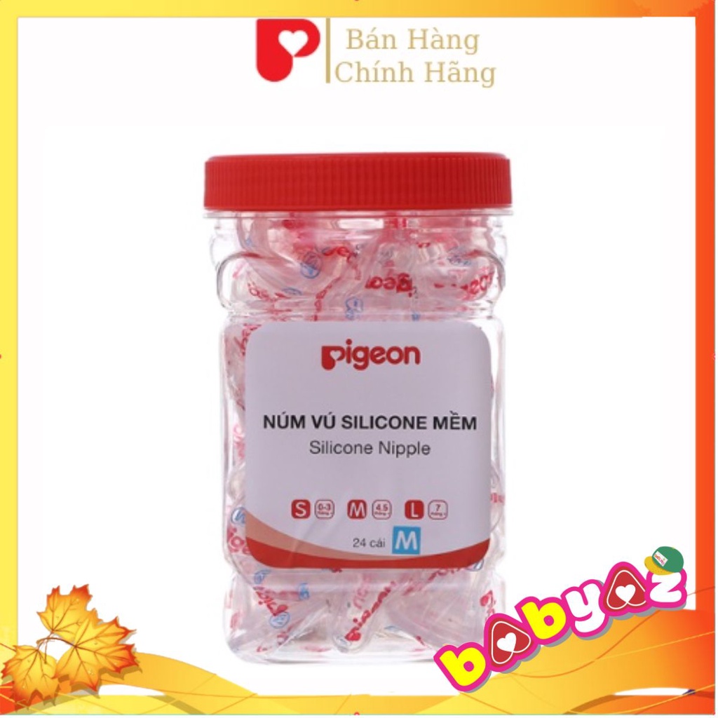 Núm Vú Pigeon Cổ Hẹp Silicon Núm Vú Trắng Tiêu Chuẩn, Bán 1 Hủ 24 Cái Dùng Cho Bình Sữa Cổ Hẹp