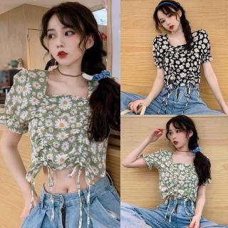 Áo Nữ Tay Dài Cổ Vuông Họa Tiết Hoa Thời Trang