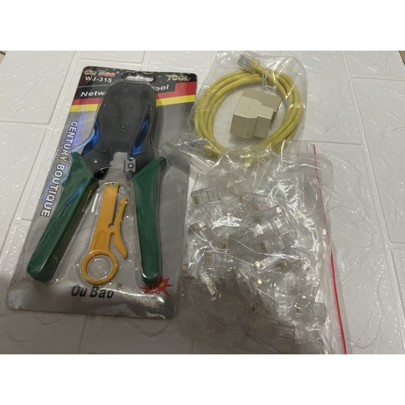 Kìm mạng xanh tặng kèm 20 đầu bấm rj45+ 1 nối mạng 1-1 + 1 sợi bấm sẵn 1.5m zin.