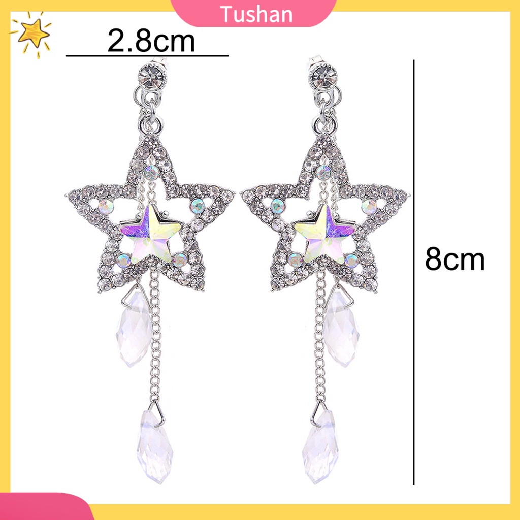 TUSH_Women Cubic Zirconia Inlaid Star Chain Tassel Dangle Stud Earrings Jewelry Gift