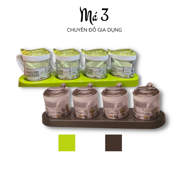 Bộ đựng gia vị thủy tinh nắp nhựa kèm muỗng - Set hủ gia vị nắp nhựa có thìa
