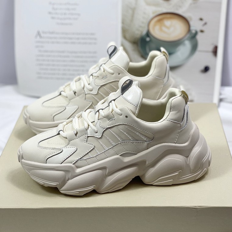 Giày thể thao nữ Shougo - giày sneaker nữ 2 màu đen & kem chất da đẹp đế bự độn đế cao giày ulzzang hàn quốc giá rẻ 2021