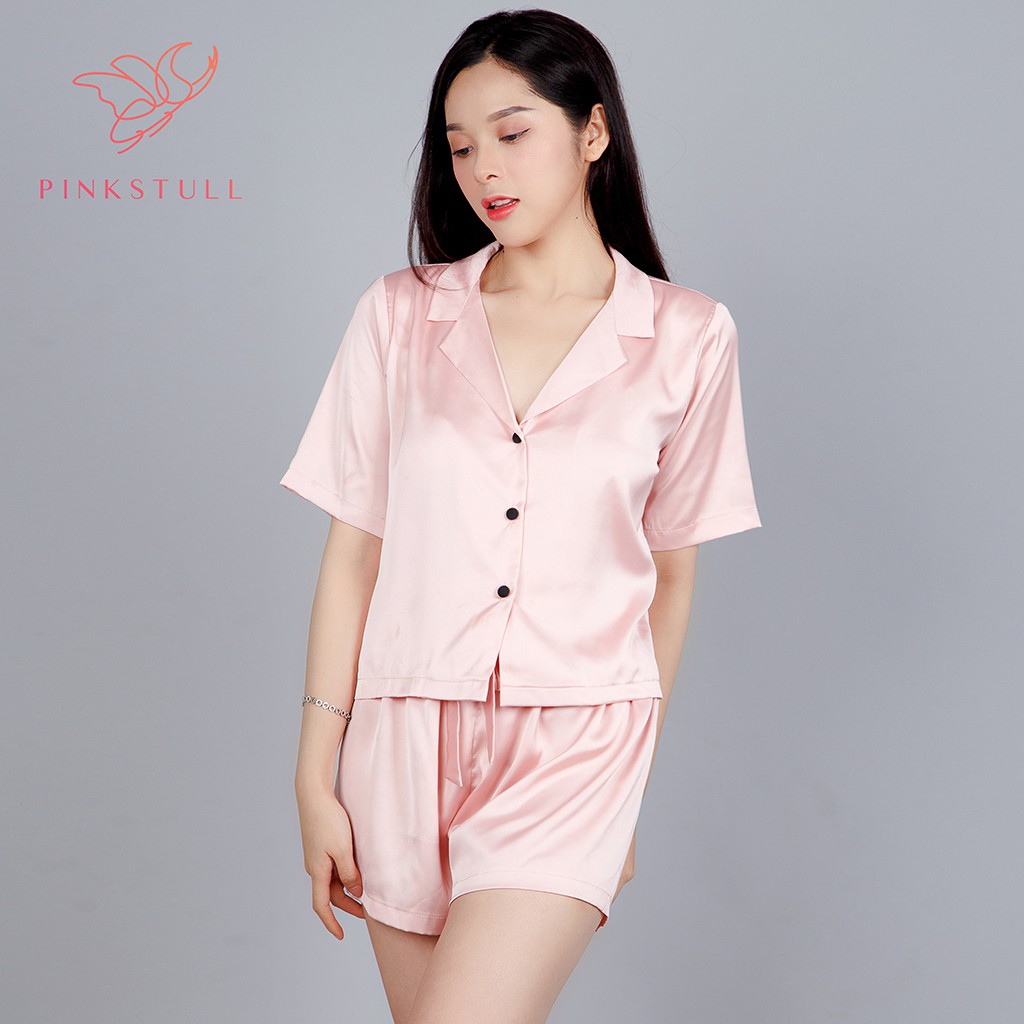 Bộ đồ ngủ lụa pijamas Pink Stull tay ngắn quần ngắn hồng pastel