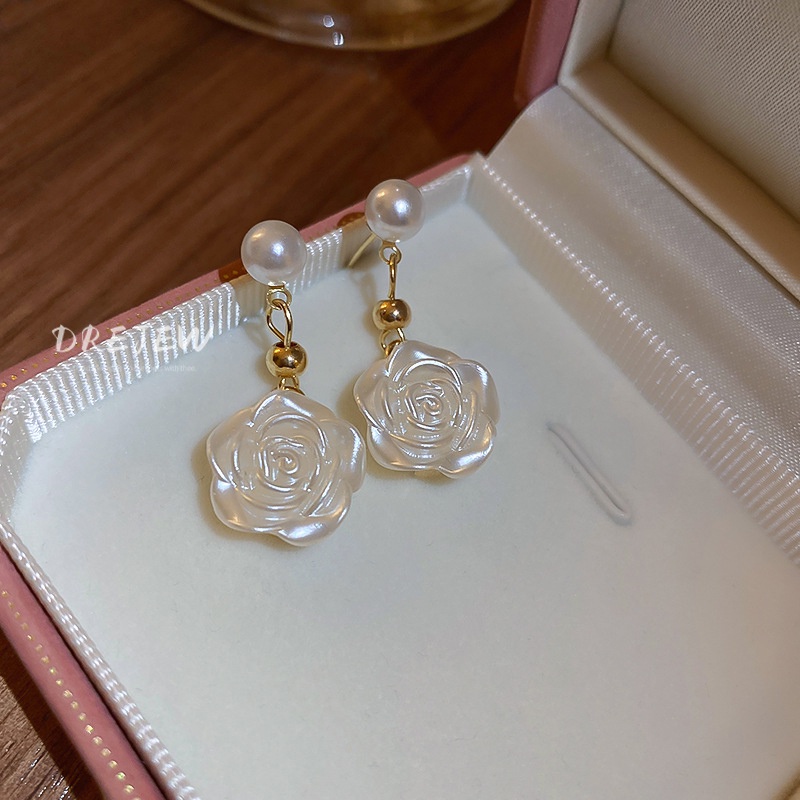 DREJEW Khuyên tai mạ bạc hình hoa trà đính ngọc trai phong cách mori Hàn Quốc dễ phối đồ