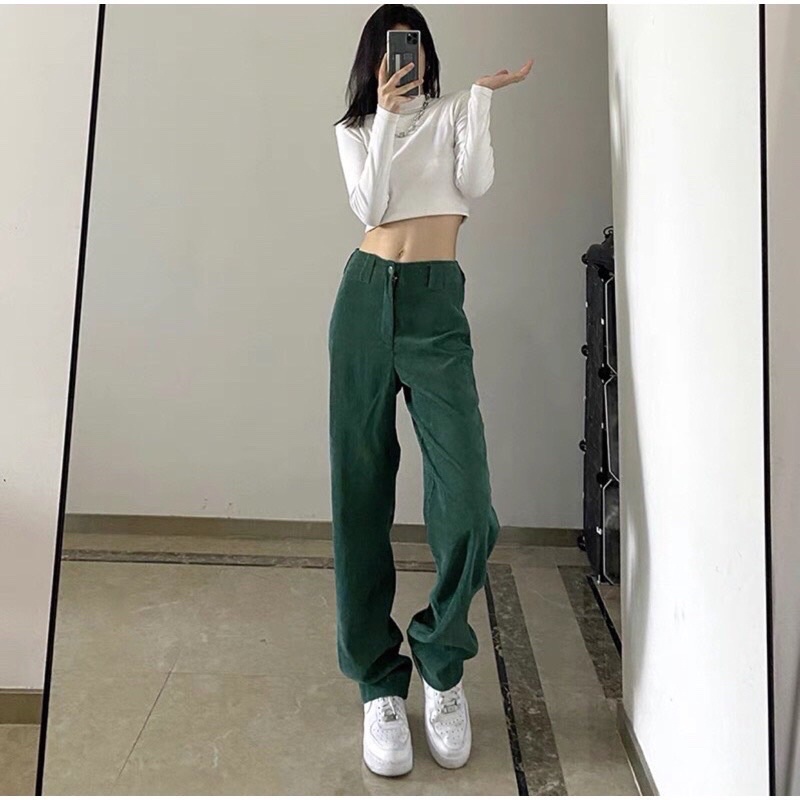 Quần ống rộng cạp cao dáng suông ống rộng phong cách Ulzzang Hàn Quốc