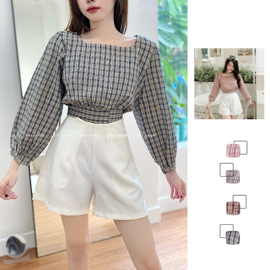 LOVI SHOP- Set  Áo croptop caro nơ lưng tay dài nhiều màu xinh + quần short trắng
