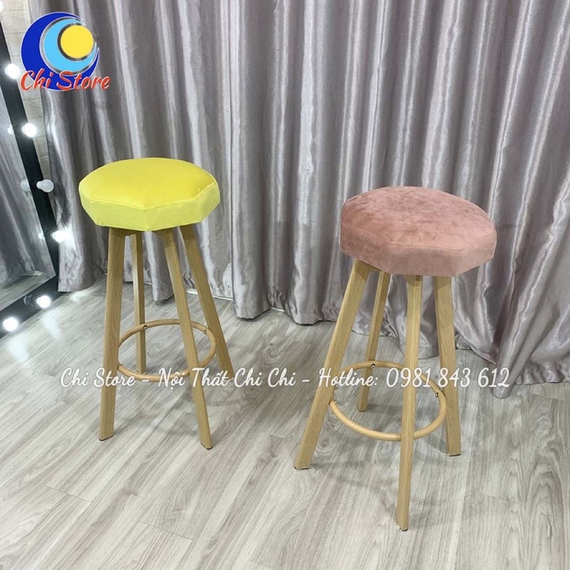Ghế Quầy Bar, Makeup, Ghế Trang Điểm, Chụp Hình Bọc Da Nhung Chân Giả Gỗ Cao 75cm Và Xoay 360 Độ