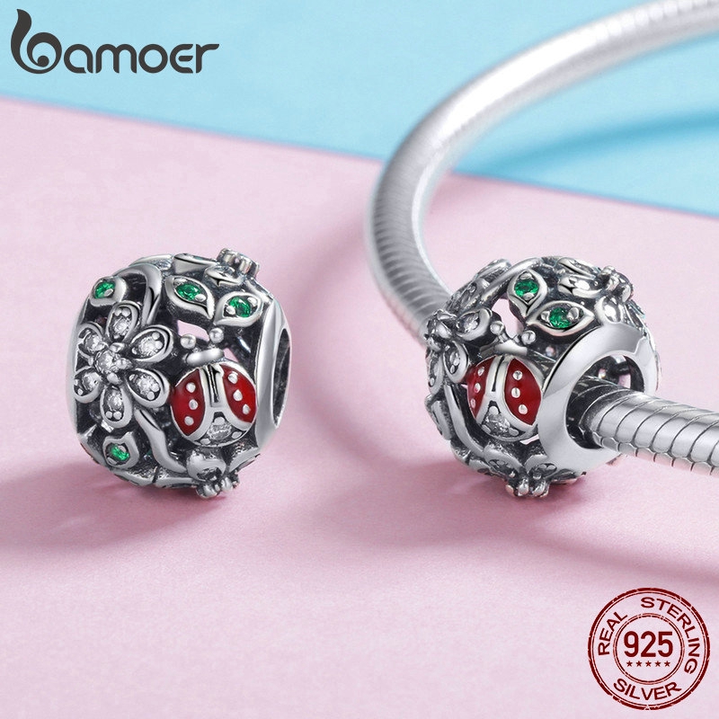 Phụ Kiện Mặt Vòng Tay Bamoer SCC926 Hình Bông Hoa/Bọ Hung Đính Đá Zircon bạc 925