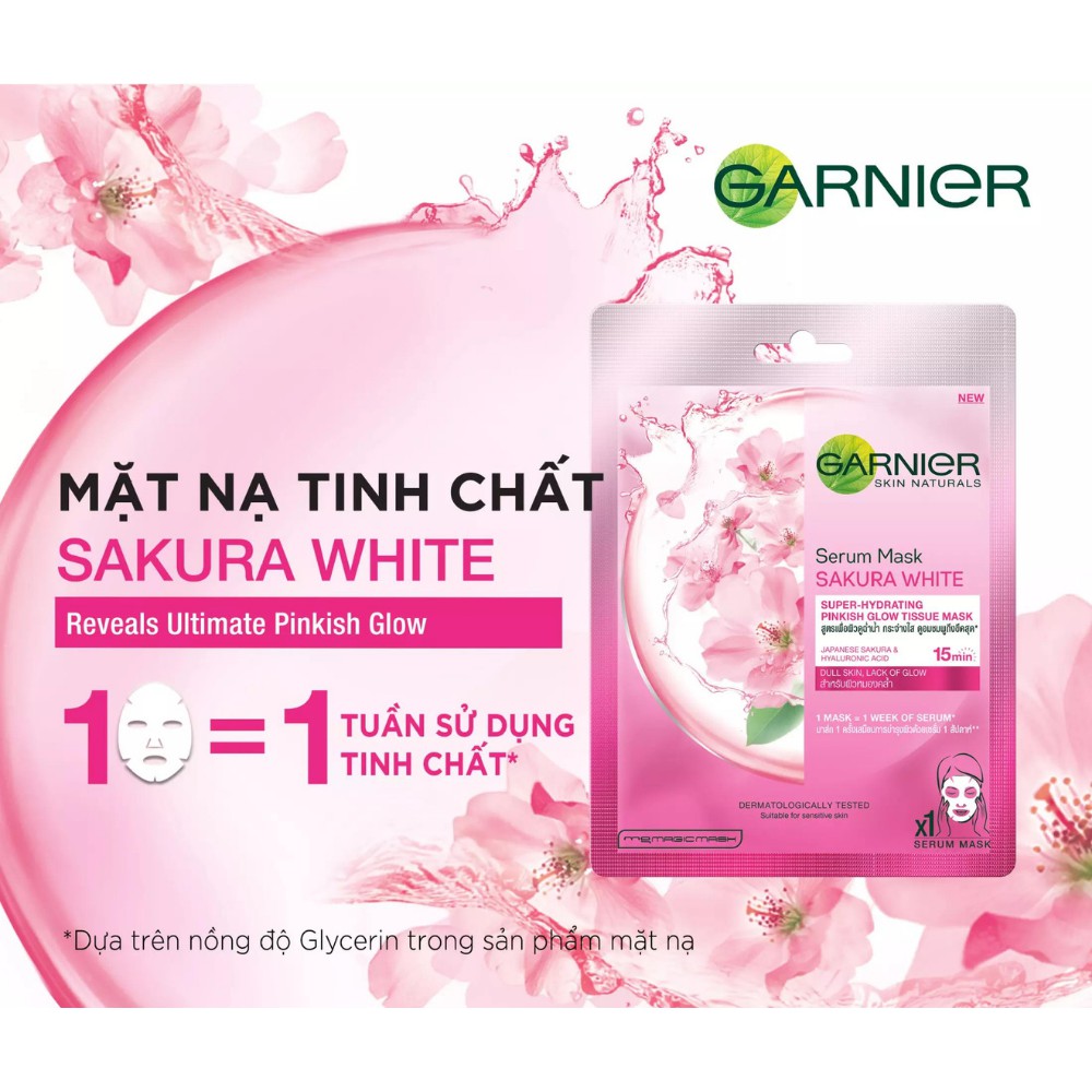 Mặt nạ tinh chất Sakura &amp; Hyarulon căng mướt da Garnier Hydra Bomb Sarura White Serum Mask 28g