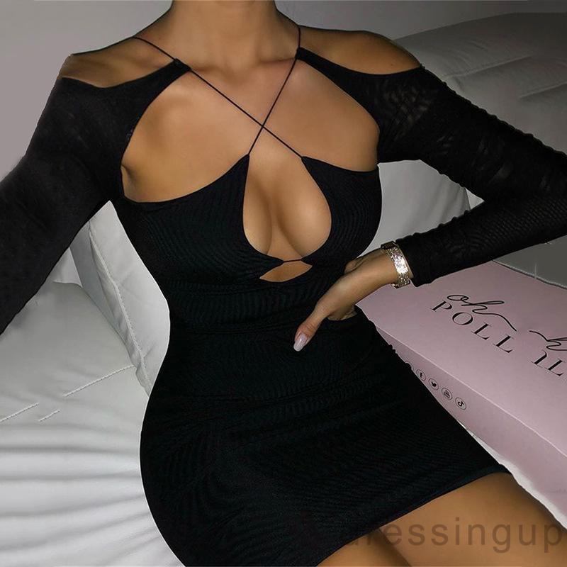 DRE-Women´s Bodycon Dress, Solid Color Long Sleeve Hollow Bandage Backless Mini Short Dress