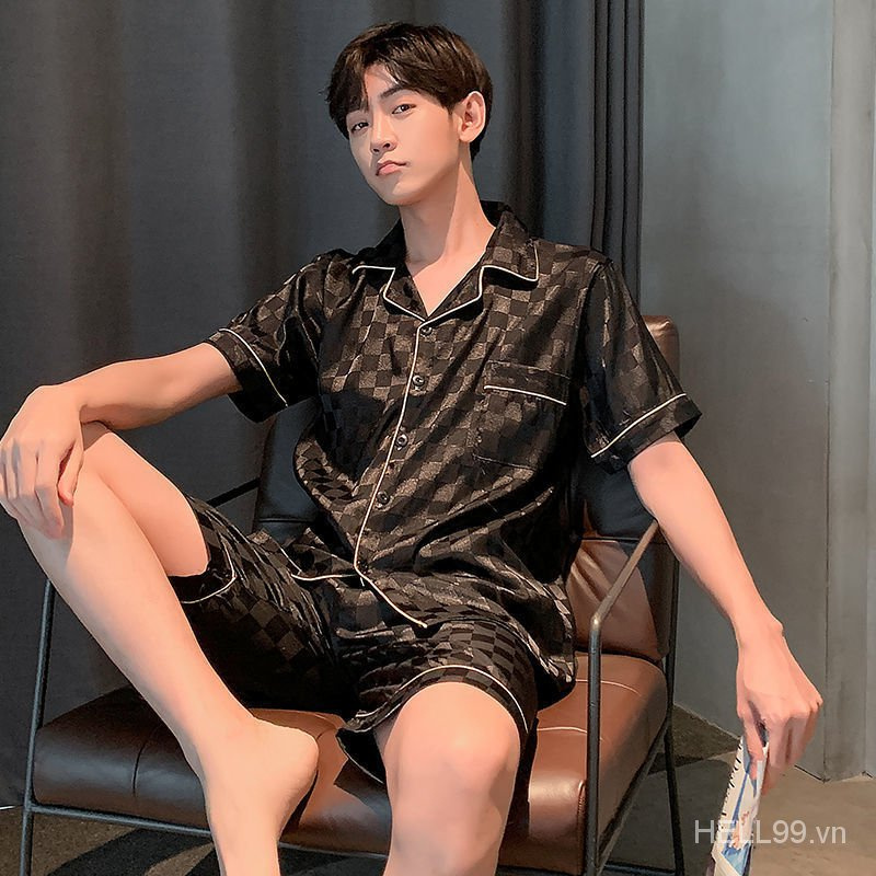 Silk pajamas with short-sleeve cool high-end spring-autumn men's oversized men