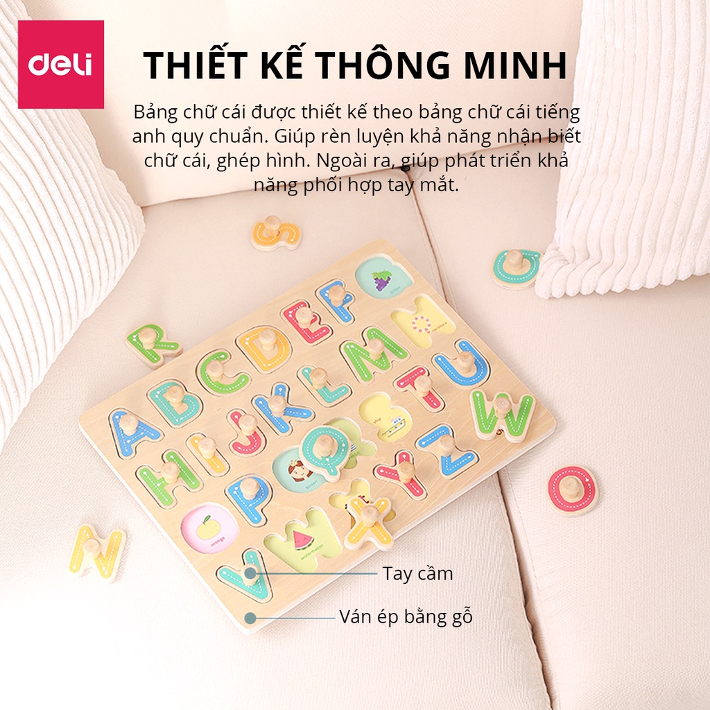 Bảng chữ cái Deli - Ván ép gỗ trầm cho trẻ từ 3 đến 6 tuổi, từ A tới Z, đã được kiểm định để bé làm quen với chữ cái