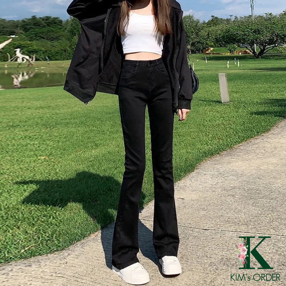 Quần Jeans Ống Loe Nữ Màu Đen Nâu Cạp Cao Loại 1 Chất Jean Kaki Co Dãn Style Hàn Cá Tính Mặc Hàng Ngày Có Bigsize