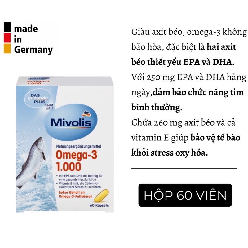 Dầu cá Mivolis Omega-3 1000mg - Hộp 60v - Hàng nội địa Đức