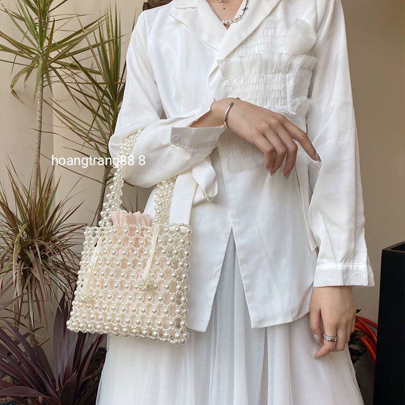 Túi kết hạt cườm giả ngọc trai handmade tròn cách điệu dáng hài hoà