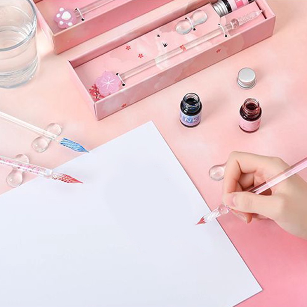 Bộ bút chấm mực bằng chất liệu thủy tinh pha lê thiết kế ngòi ren thấm mực hiệu quả cao dùng để viết thư pháp