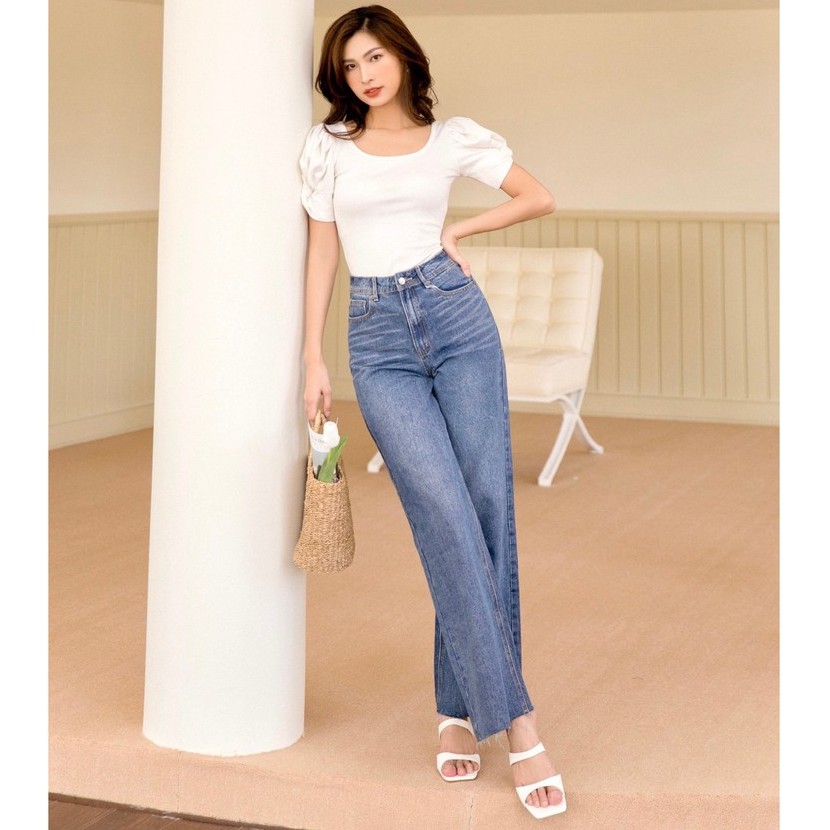 MIEU - Quần jeans ống rộng cắt lai (Xanh Đậm/ Nhạt) - GD05