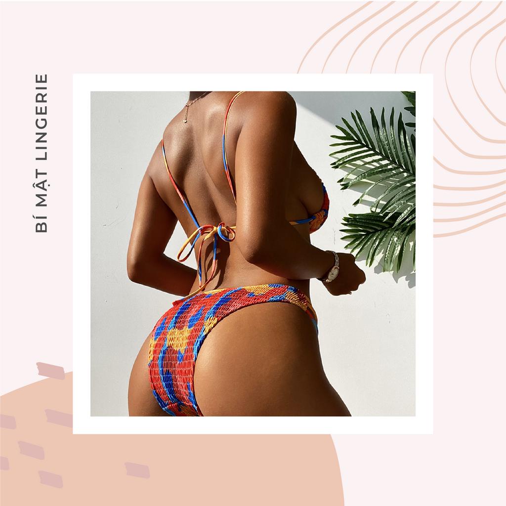 Bikini đồ bơi 2 mảnh cạp cao che bung kín đáo dây rút lưng trần cam đất cao cấp tôn da