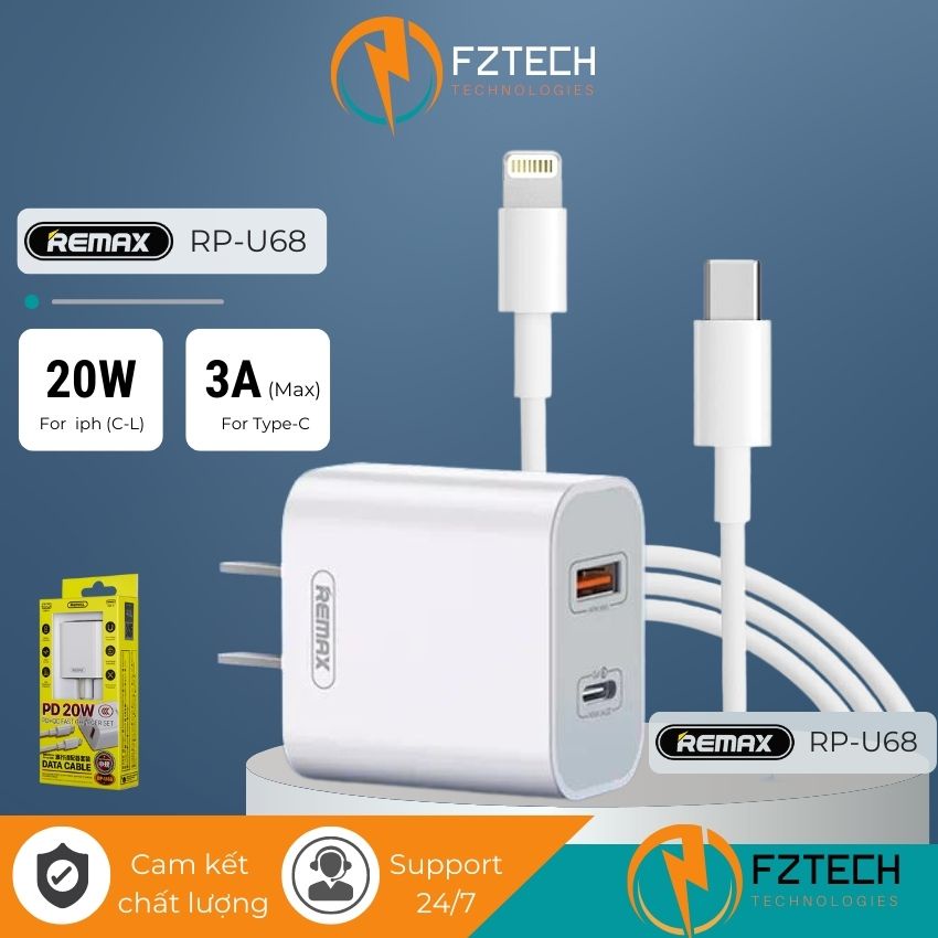 Bộ Sạc Nhanh Remax RP-U68 FZTECHVN Gồm Củ sạc nhanh 20W và Cáp type C to Lightning 2 Cổng PD và QC3.0