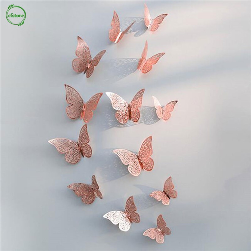 CF 12Pcs/lot 3D 4 Colors Hollow Butterfly Wall Stickers Living Room Bedroom Stickers Home Decor