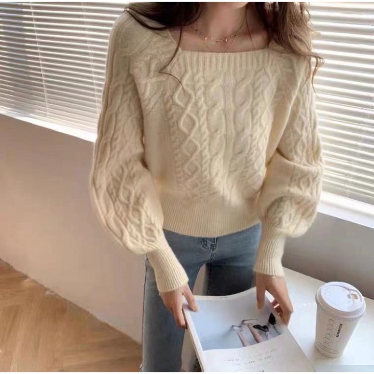 Aó len dệt kim áo len tăm tay dài cổ vuông vặn thừng chất dày dăn siêu ấm thời trang 2021 K5HO