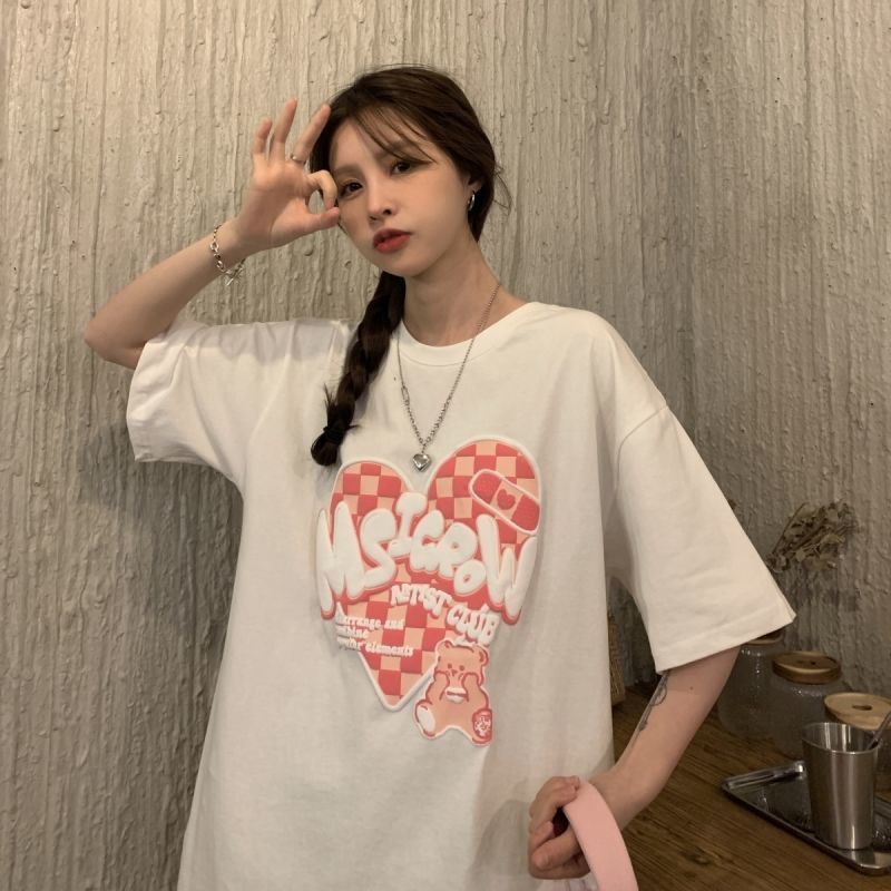 Áo Thun Ngắn Tay In Hình Trái Tim Dễ Thương Phong Cách Retro Hợp Mùa Hè