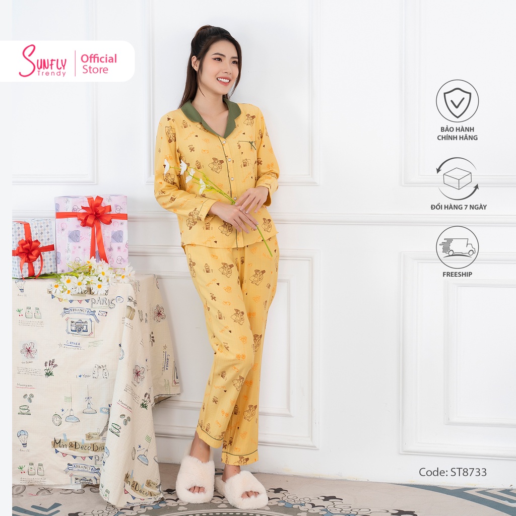 Bộ đồ mặc nhà nữ pijamas linen SUNFLY áo dài, quần dài ST8733