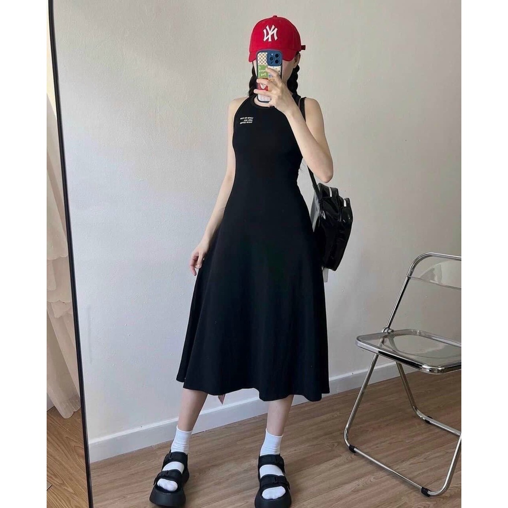 [11.11 Sale Freeship] Đầm suông cổ tròn dáng dài,đầm thun đen basic in chữ sát nách đi chơi dạo phố năng động