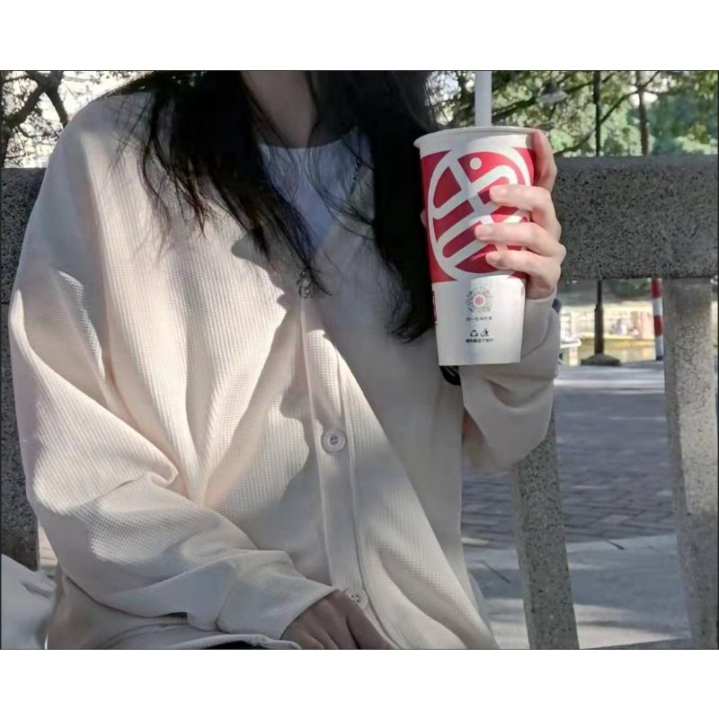 Áo khoác cardigan dài tay 1 lớp chất tổ ong phong cách nhẹ nhàng cho mùa thu đông