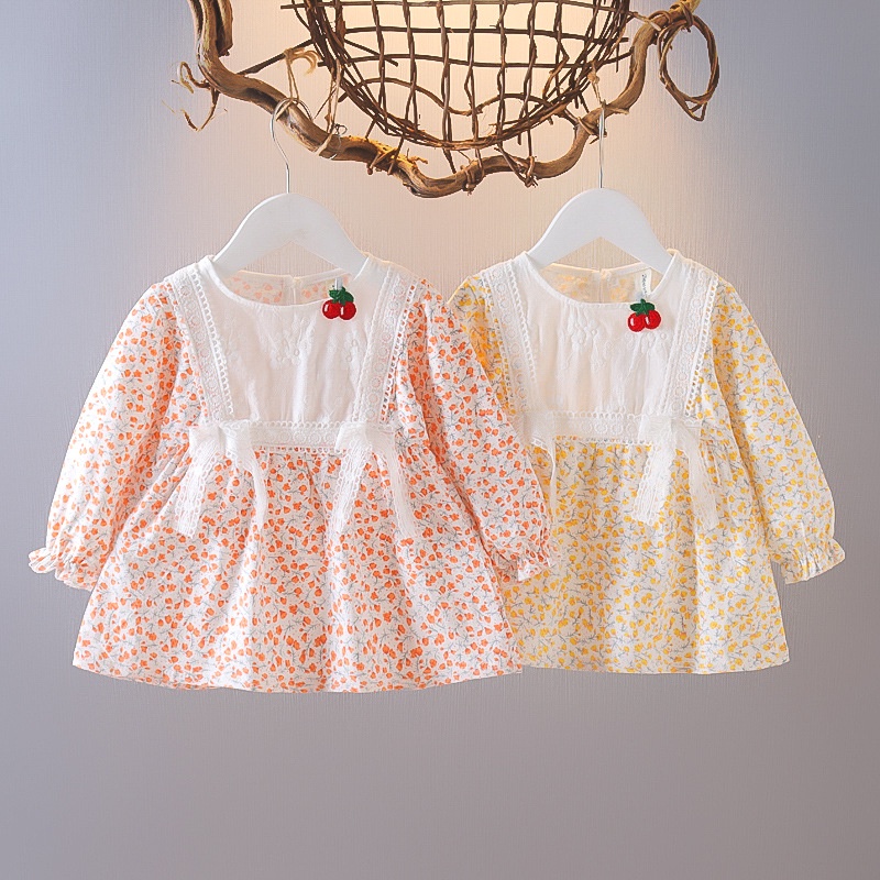 [Yumi's House] Đầm dài tay hoa nhí cổ vuông kèm kẹp cherry cho bé gái hàng Quảng Châu cao cấp