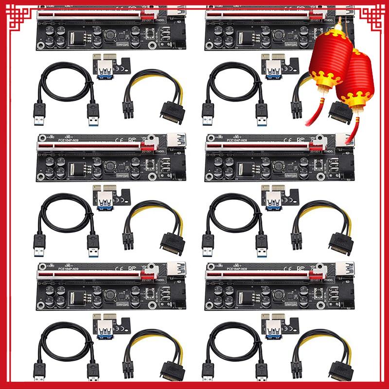 Set 6 Card Pci-E Ver009S Plus Chuyển Đổi Pci Express 1x Sang 16x Với Cáp Usb 3.0 Sata Sang 6pin Cho Mining