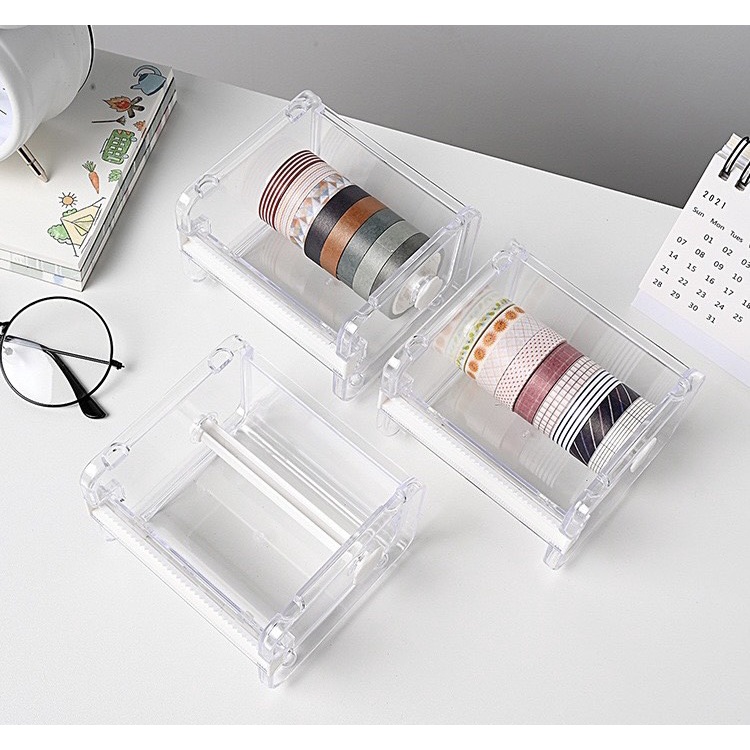 Hộp cắt washi tape Béo shop đựng cắt băng dính đa năng mini bằng nhựa Acrylic trong suốt size lớn 2 lưỡi dao tiện lợi