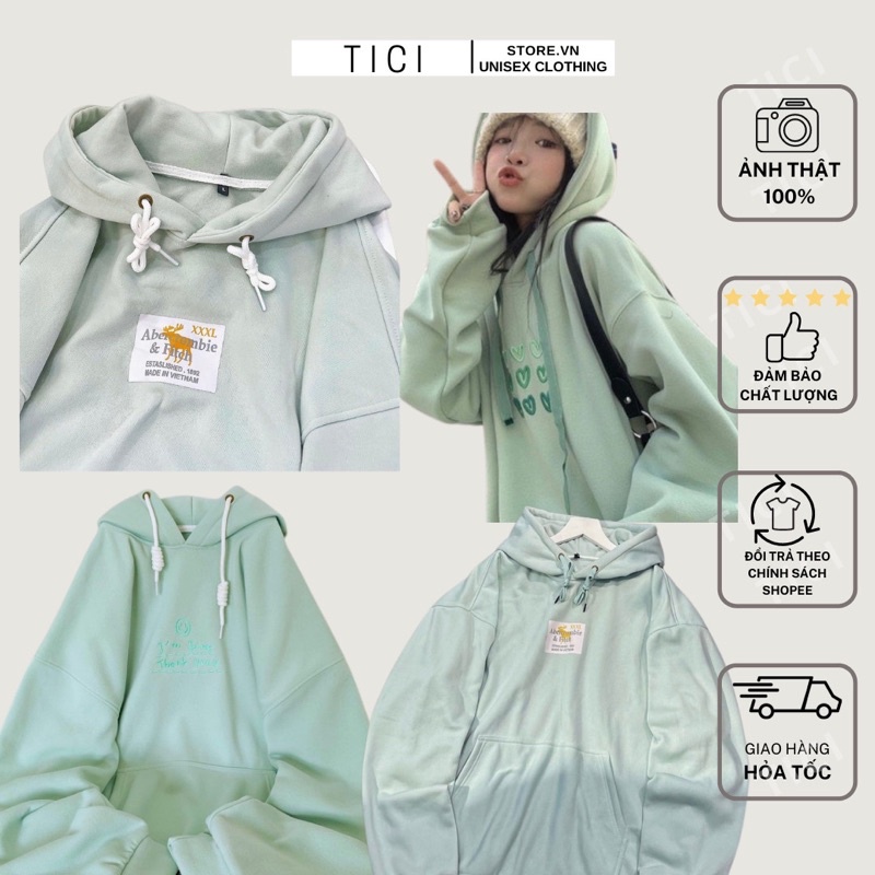 Áo Hoodie Logo/Thêu Chữ/Thêu Trái Tim Màu Xanh Mint Unisex Nỉ Bông siêu mịn Form rộng unisex (100% Ảnh Thật của shop)🔥
