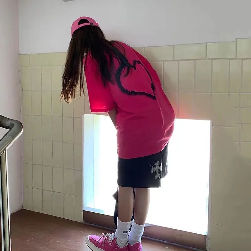 Jiashucheng Áo Thun Nữ Ngắn Tay Cổ Tròn In Hình Trái Tim Phong Cách Preppy Retro