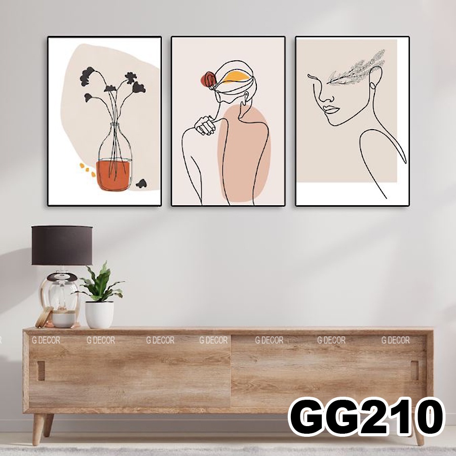 Tranh treo tường canvas 3 bức phong cách hiện đại Bắc Âu 209, tranh cô gái trang trí phòng khách,phòng ngủ, phòng ăn,spa