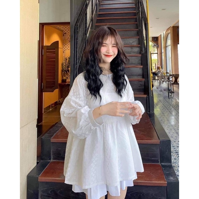 Áo Babydoll [FS] Áo đũi trăng tay bồng hai màu bánh bèo dành cho nữ hoạ tiết thêu | BigBuy360 - bigbuy360.vn