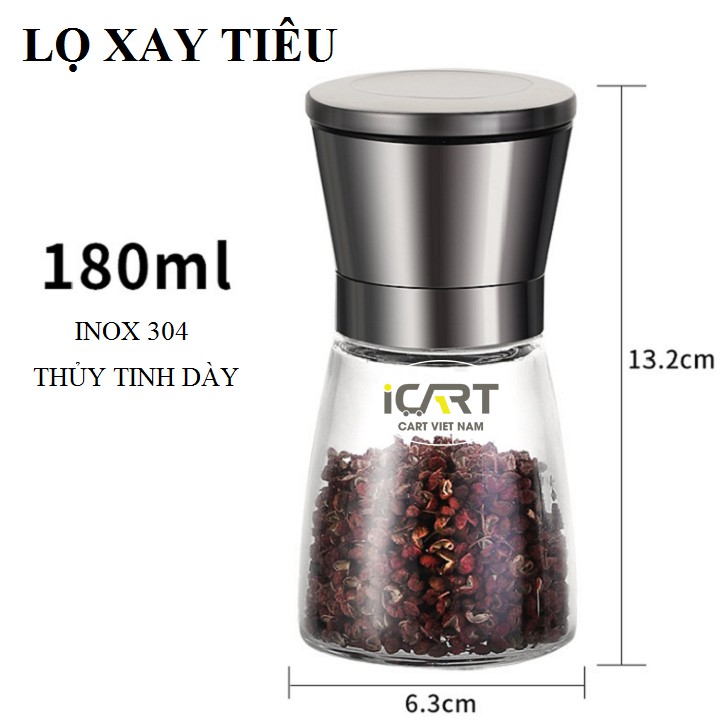 Lọ xay tiêu đa năng thủy tinh dày, inox 304 - 180ml