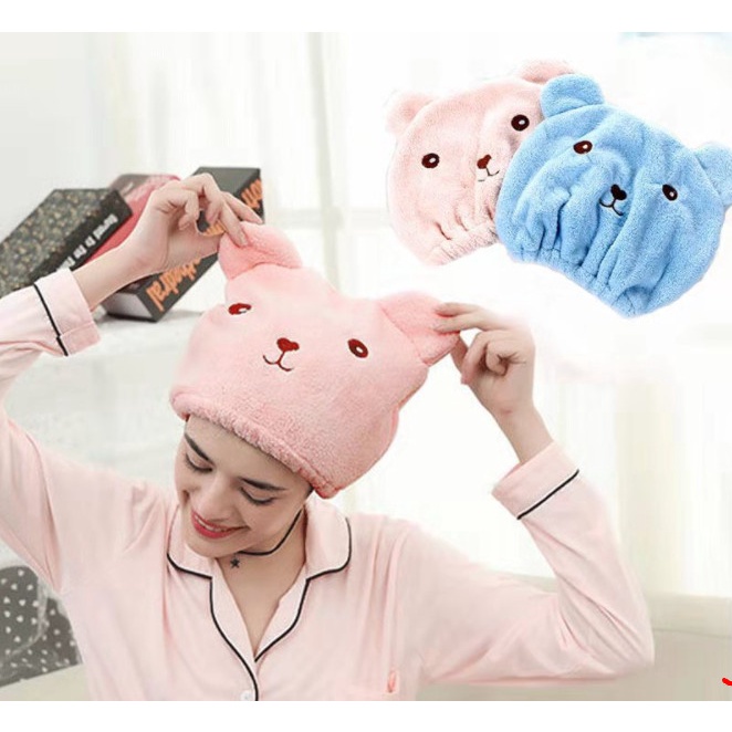 Mũ Trùm Đầu Làm Khô Tóc Sau Khi Tắm, Vải Nhung Dày Dặn, Hình Gấu Hoạt Hình Siêu Đáng Yêu