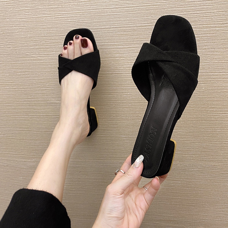 Dép cao gót 3.5-4 Phân da lộn đế dày phong cách Hàn Quốc thời trang trẻ trung dành cho nữ