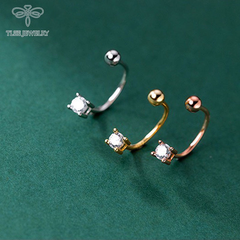 Khuyên tai bạc nữ TLEE mẫu nụ đá cong chốt bi vặn cá tính TleeJewelry B0252