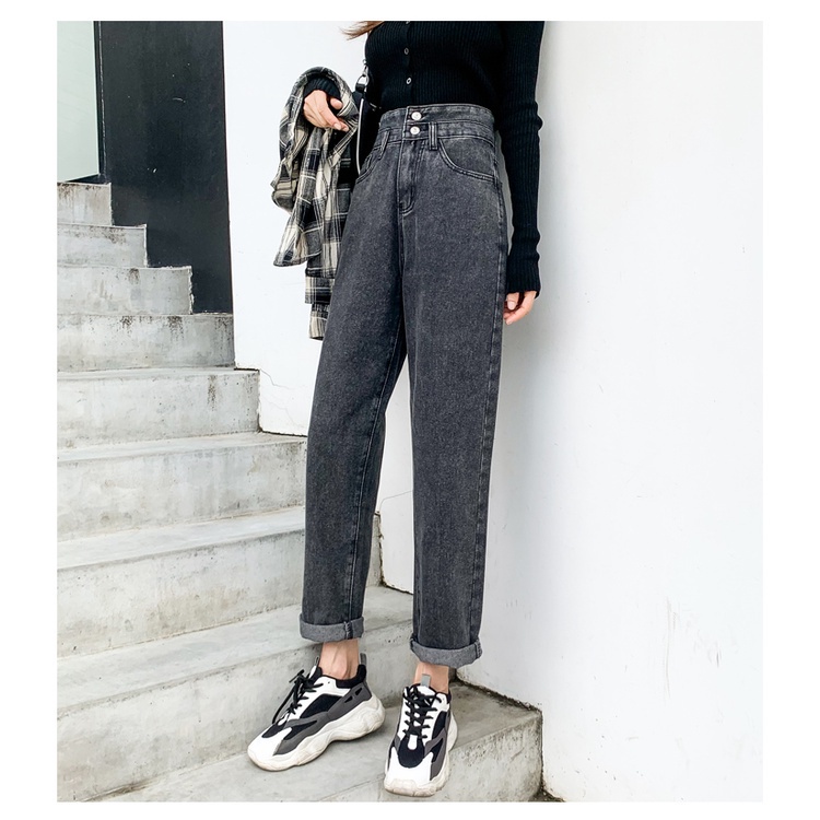 NRVP Quần jeans lưng cao ống rộng thiết kế xẻ rách cá tính