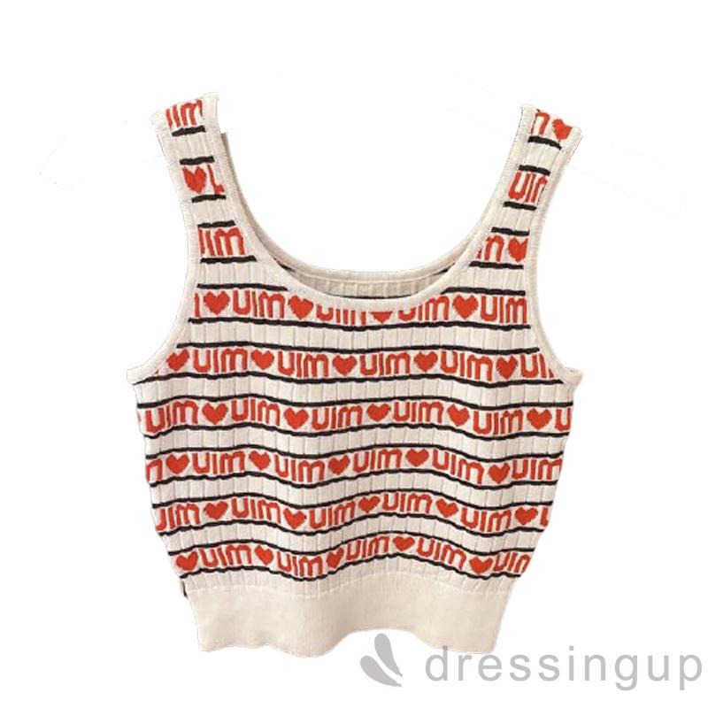 Áo Thun Dệt Kim Sát Nách Cổ Tròn In Chữ Và Trái Tim Ôm Dáng Cho Nữ