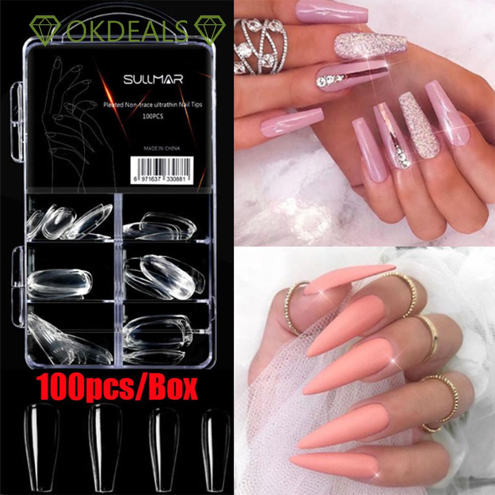 Hộp 100 Móng Tay Giả Đầu Nhọn / Trái Xoan / Trong Suốt Tự Nhiên Diy
