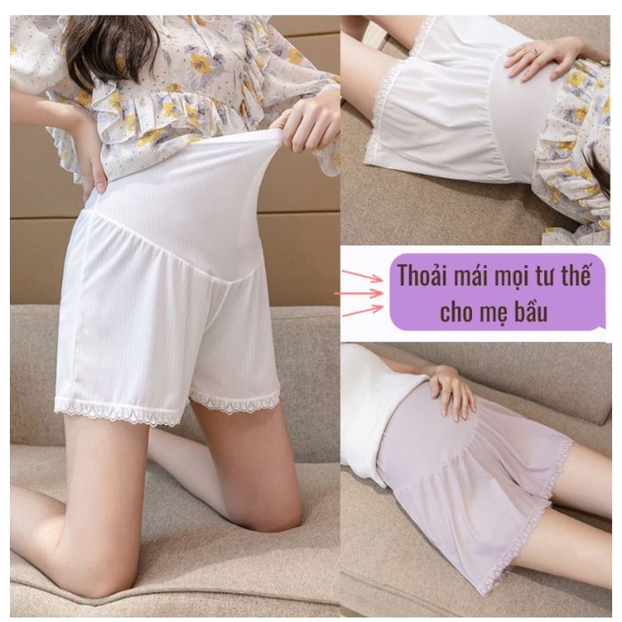 Quần đùi bầu chất lụa viền ren có dây chun điều chỉnh thoáng mát cho mùa hè