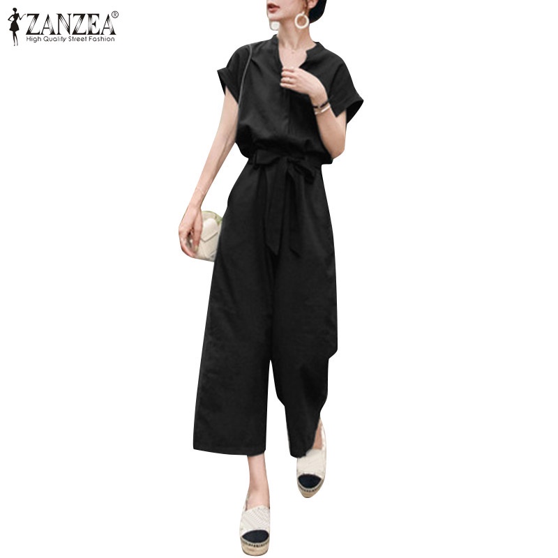 Jumpsuit ZANZEA ngắn tay cổ tròn form rộng màu trơn phối túi thời trang cho nữ