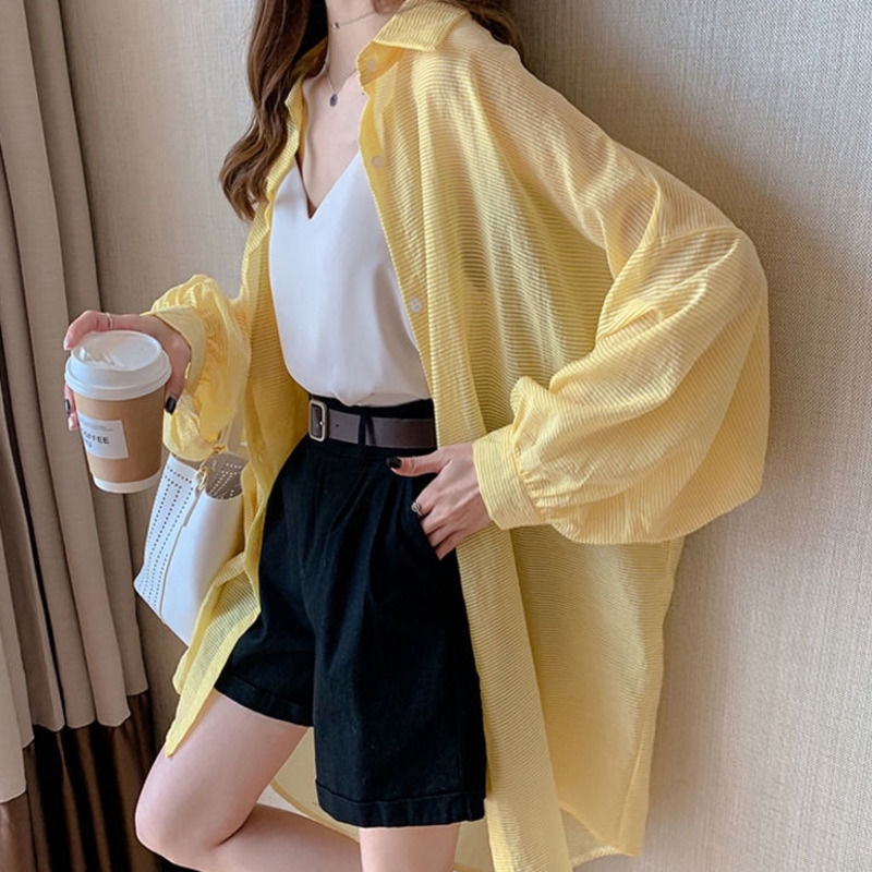 Áo khoác ngoài chống nắng dáng dài nhẹ kẻ sọc thời trang