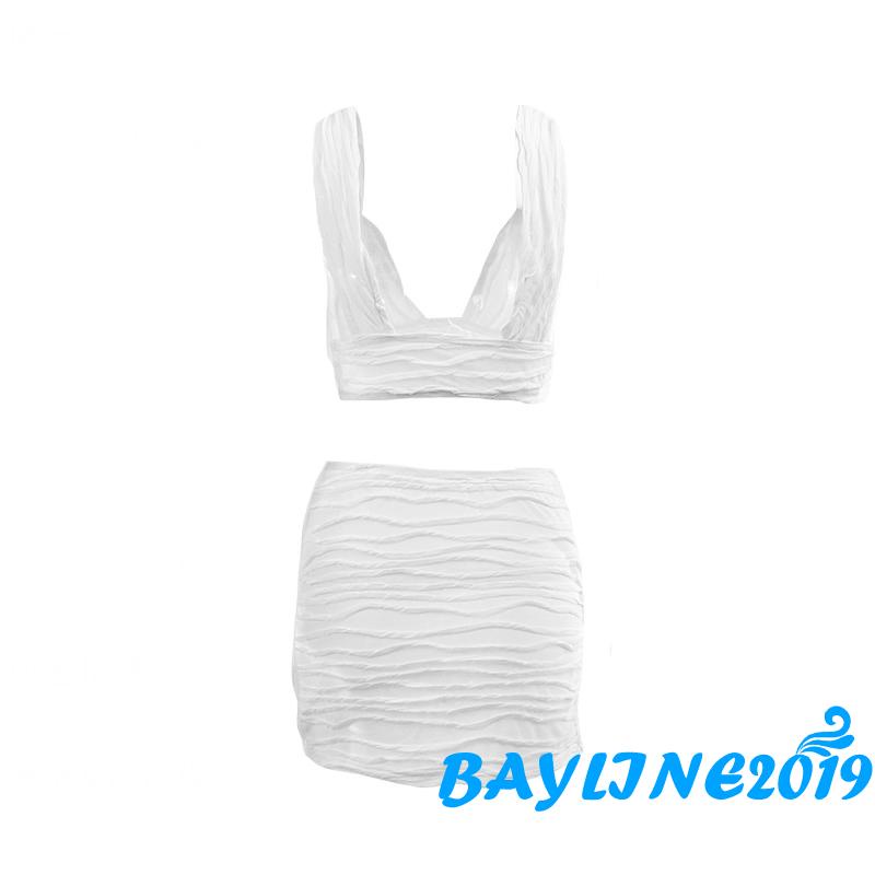 Set Đồ Mùa Hè 2 Món Gồm Áo Không Tay Hở Lưng Màu Trắng + Chân Váy Xếp Ly Lệch Tà Cho Nữ
