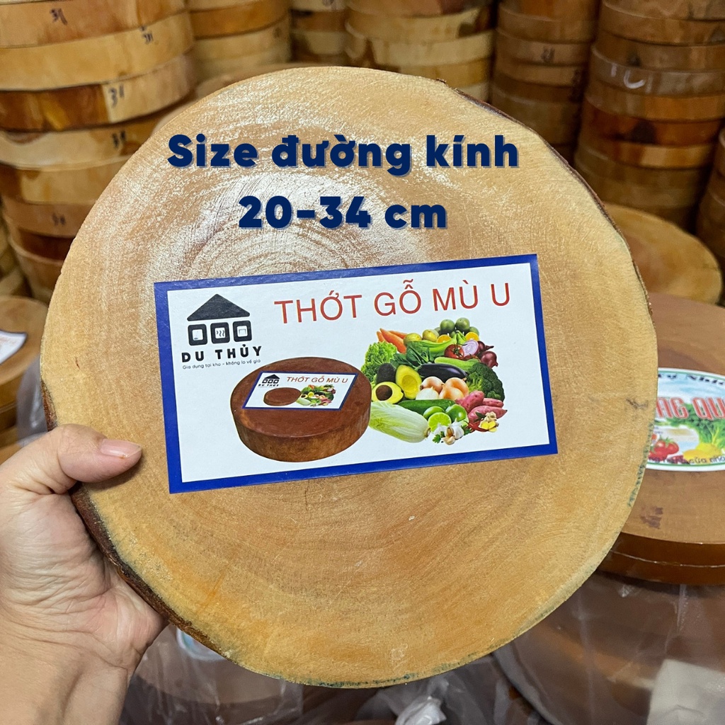 Thớt gỗ tự nhiên, hình tròn dày size 17- 26 cm gỗ chắc, không lên dăm có quay treo tiện lợi của gia dụng Du Thủy