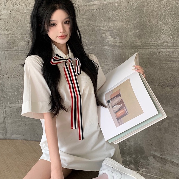 Đầm Trắng Tay Ngắn Dáng Rộng Cao Cấp Thời Trang Mùa Hè Phong Cách Hàn Quốc Cho Nữ