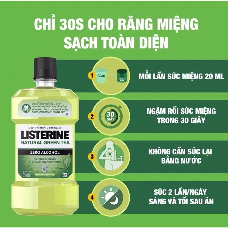 Nước Súc Miệng Listerine Ngừa Sâu Răng Vị Trà Xanh Không Cay - Natural Green Tea 750ML/250ML